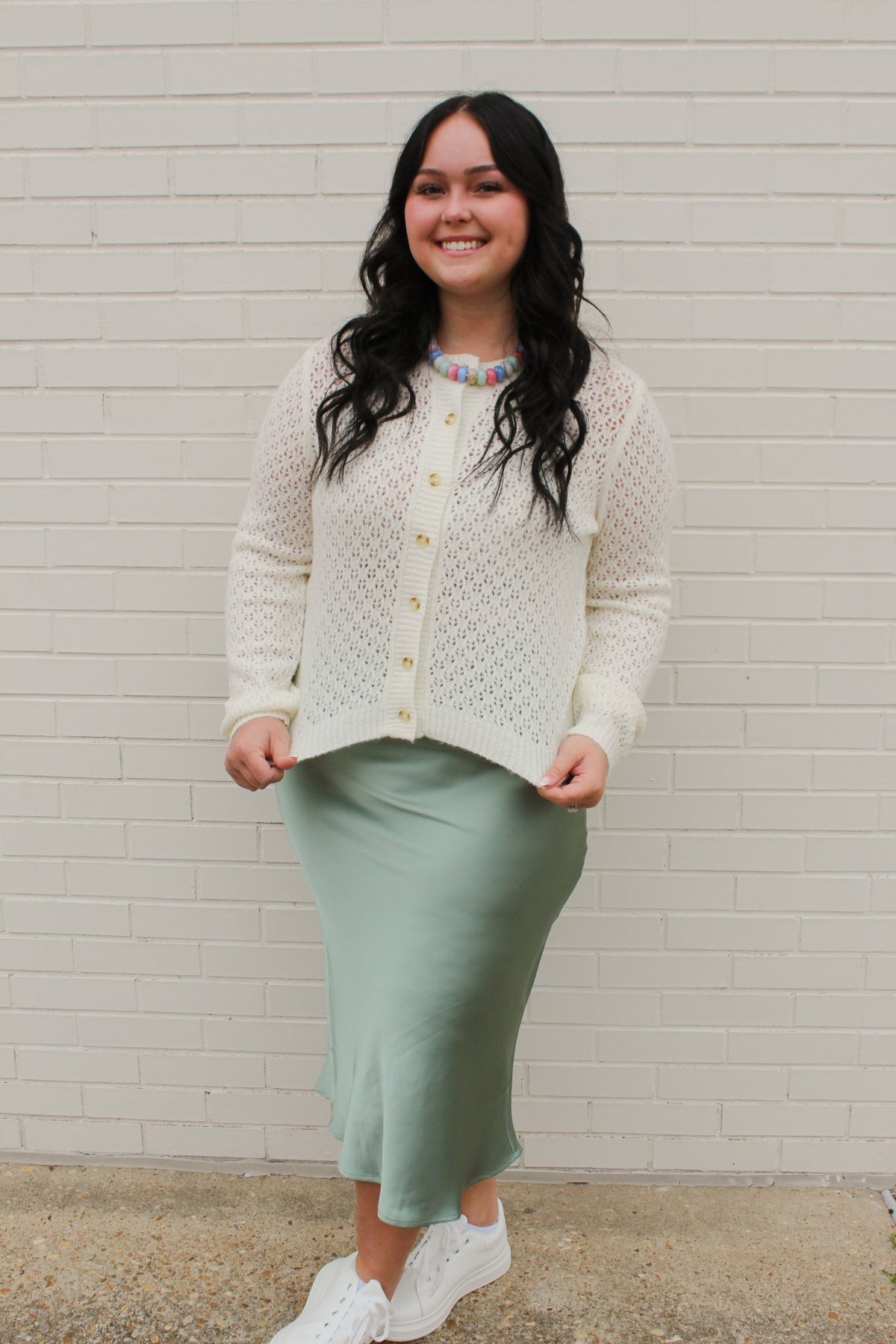 Sage Green Satin Midi Skirt | HYFVE