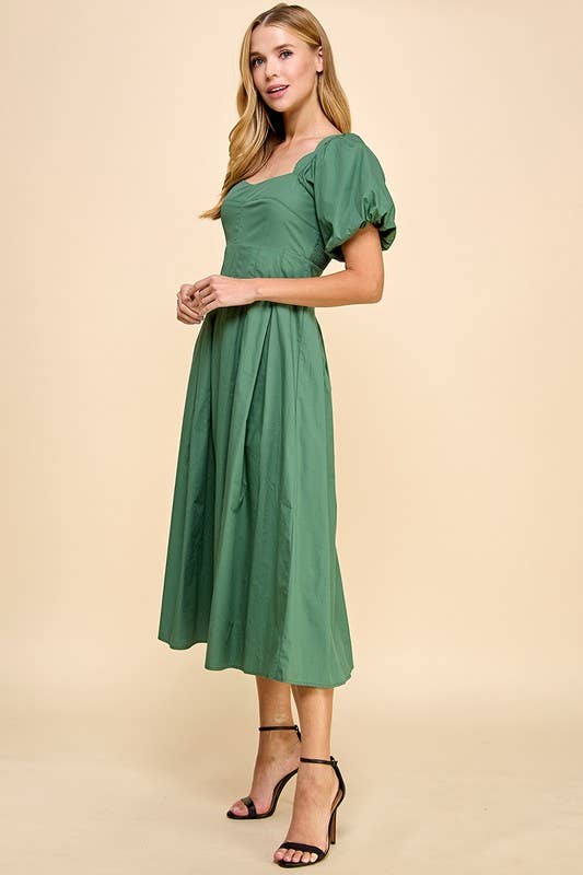 SAGE SWEETHEART NECKLINE PUFF SLEEVE PLEATED MIDI DRESS Large SAGE SWEETHEART NECKLINE PUFF SLEEVE PLEATED MIDI DRESS Large