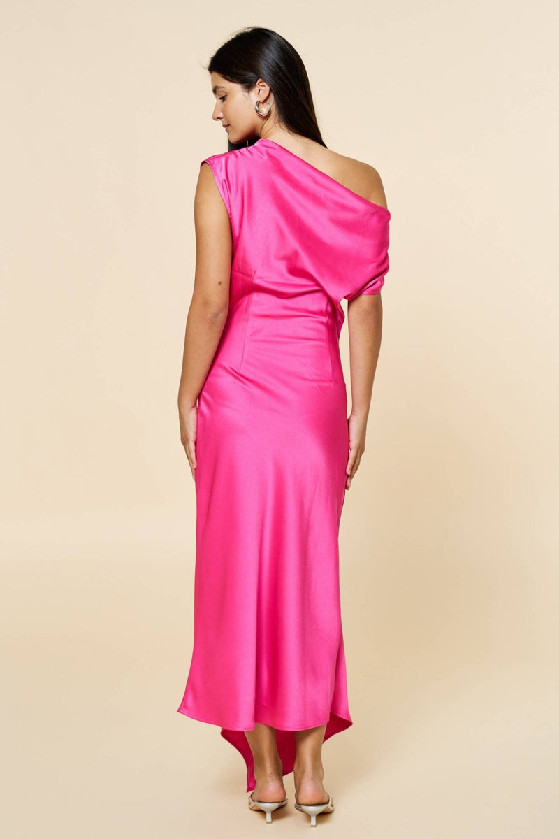Hot Pink Satin Asymmetrical Draped Maxi Dress Medium