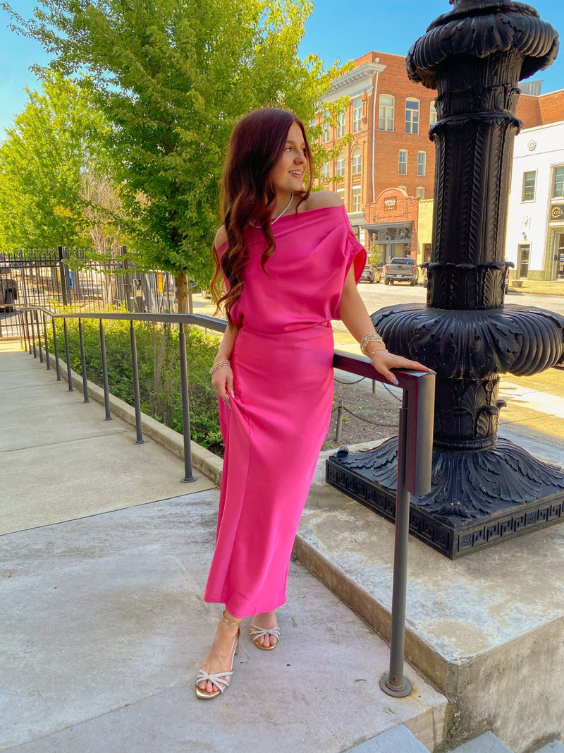 Buy Hot Pink Satin Asymmetrical Draped Maxi Dress Online