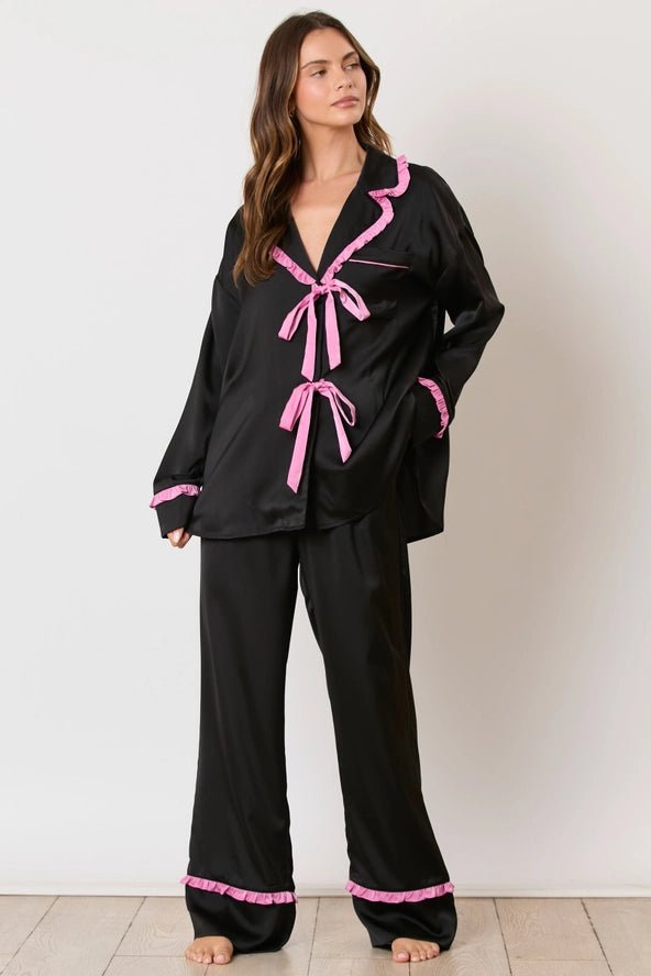 SATIN RUFFLE DETAILED LONG SLEEVE BLACK AND PINK PAJAMA | Peach Love California