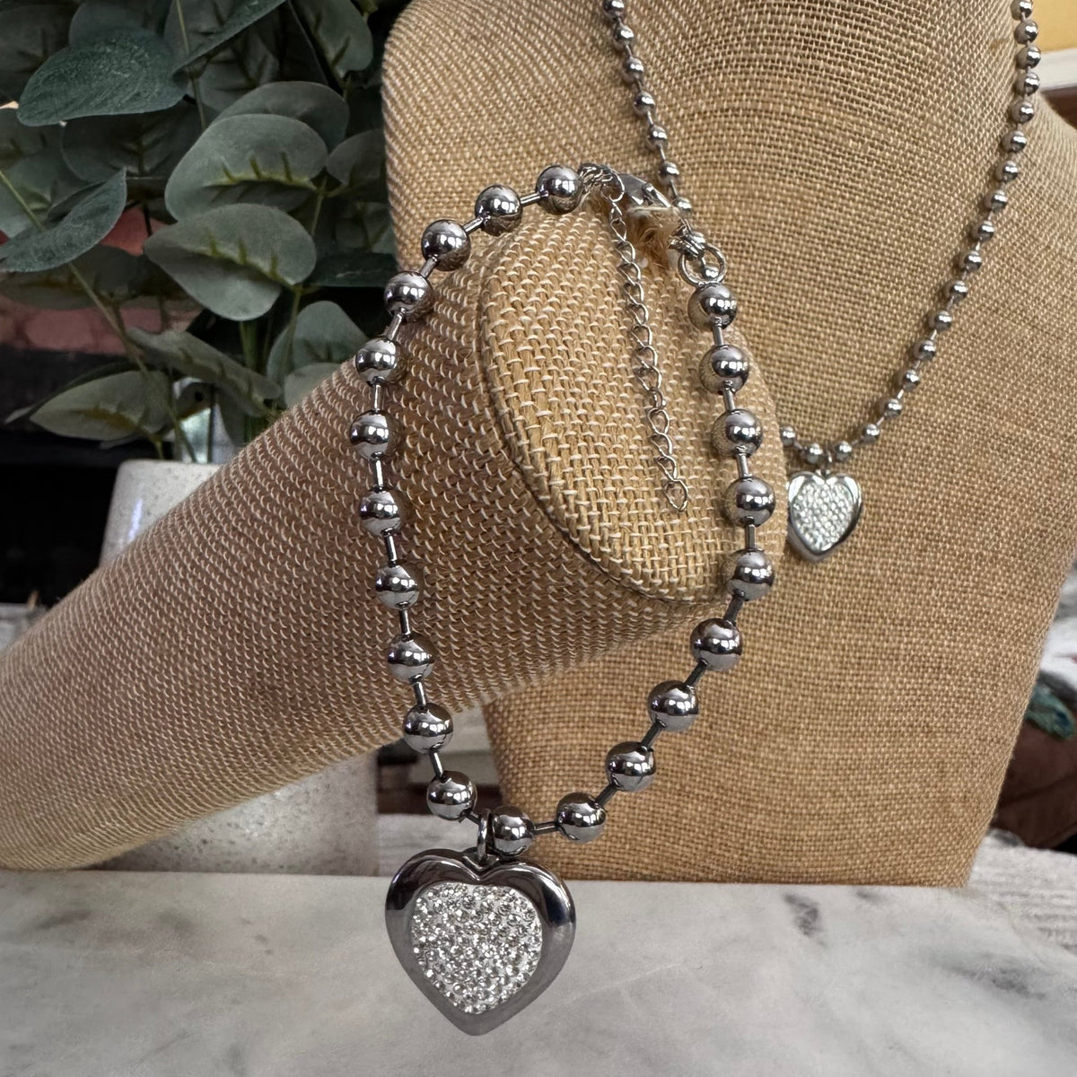 Silver Bead and Bar Bracelet with Pave’ Crystal Heart (Waterproof Tarnish-Resistant) | Sissy Boutique