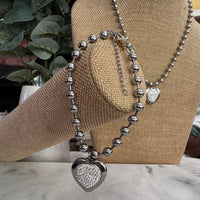 Silver Bead and Bar Bracelet with Pave’ Crystal Heart (Waterproof Tarnish-Resistant) | Sissy Boutique