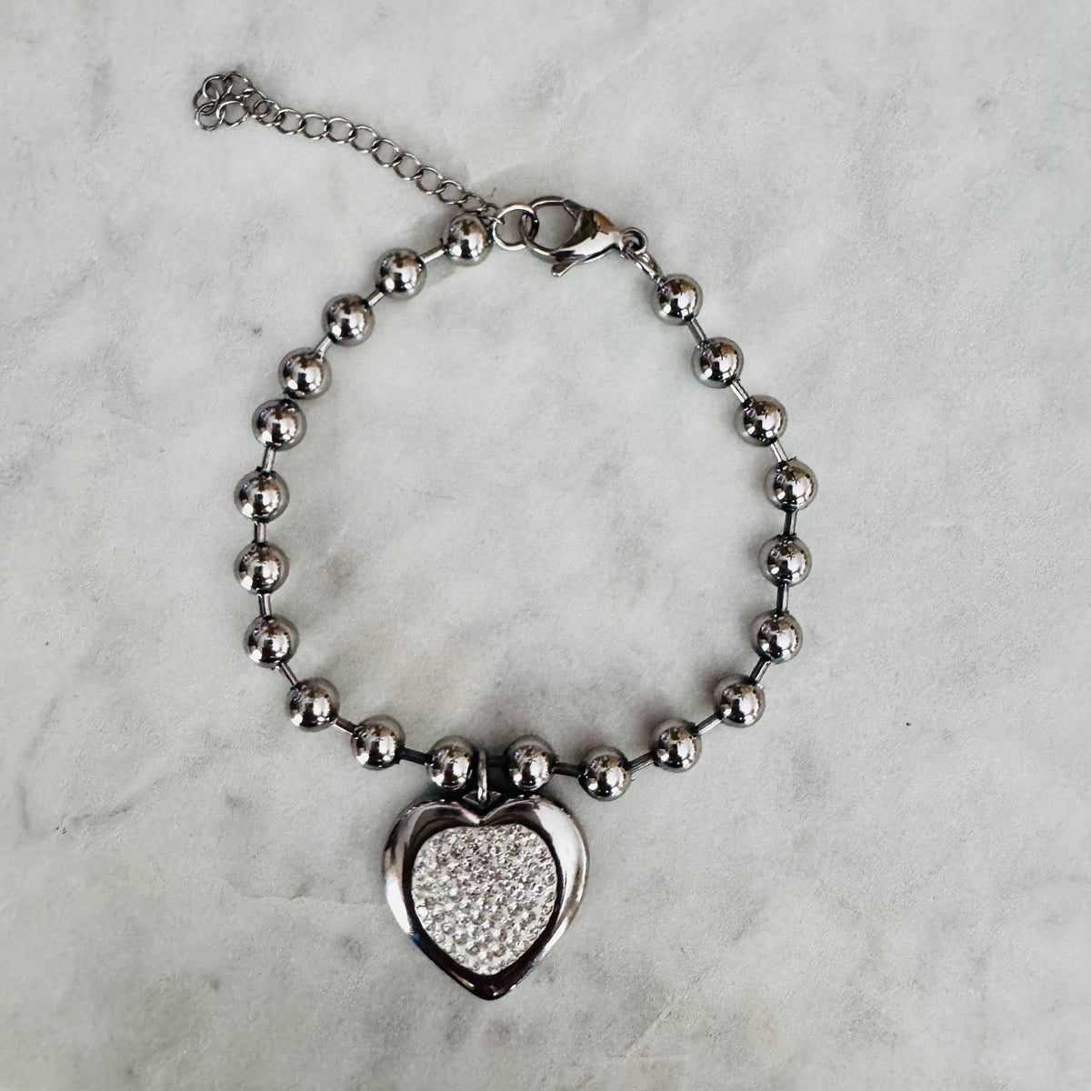 Silver Bead and Bar Bracelet with Pave’ Crystal Heart (Waterproof Tarnish-Resistant) | Sissy Boutique