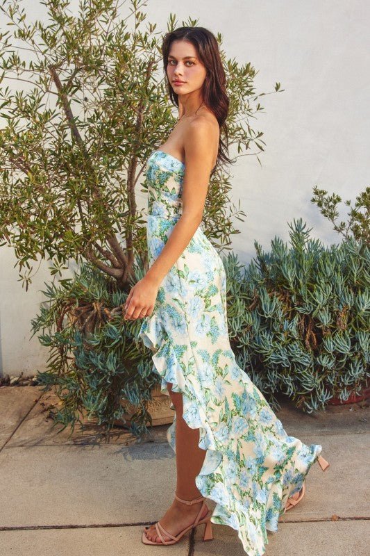 Stolen Love Blue Strapless Asymmetrical Ruffle Hem Maxi Dress Stolen Love Blue Strapless Asymmetrical Ruffle Hem Maxi Dress