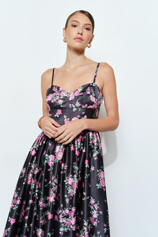Sweetheart Black and Pink Satin Sleeveless Floral Maxi Dress Large