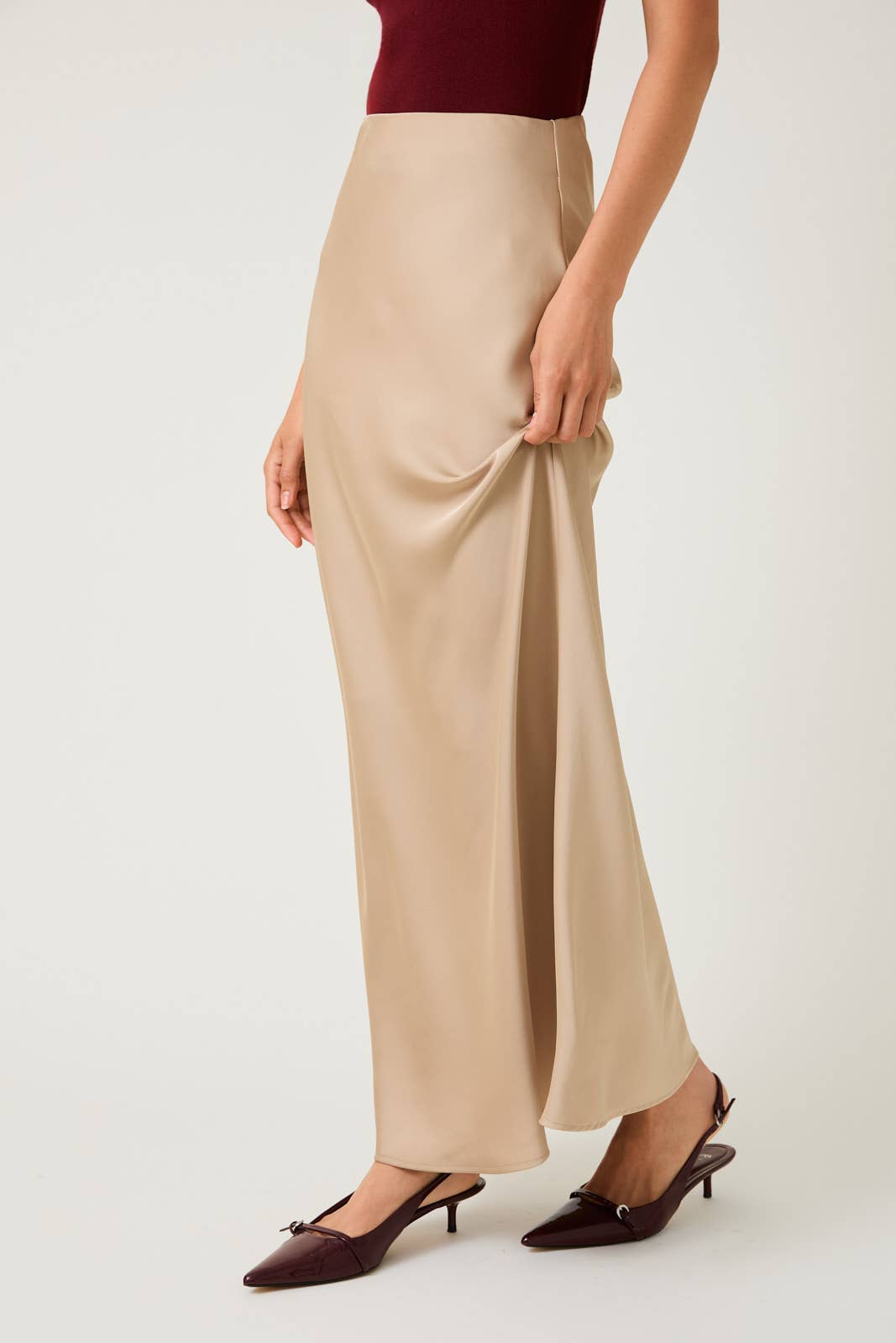 TAN BIAS SATIN MIDI SKIRT | Sunday Edition by LE LIS