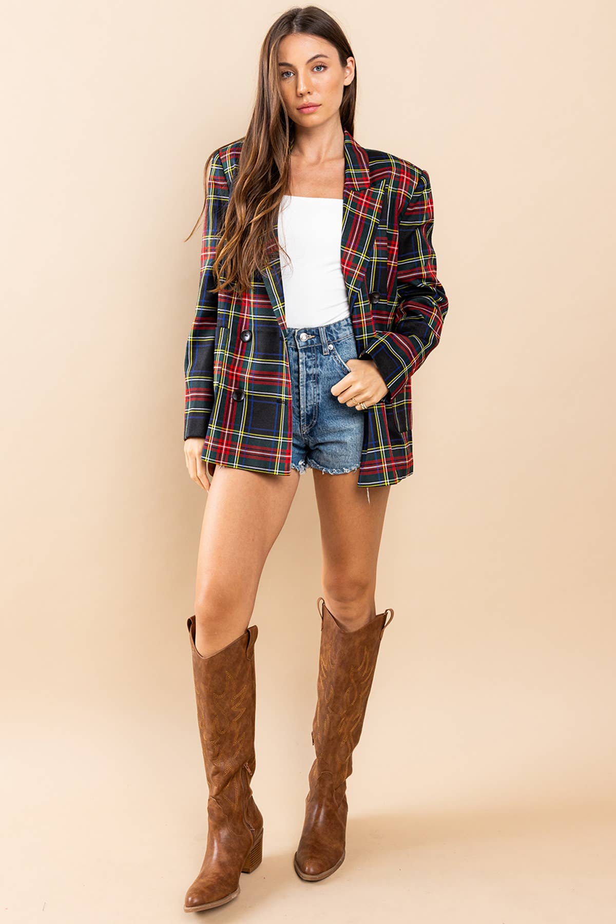 TARTAN PLAID DOUBLE BREASTED BLAZER | Ces Femme