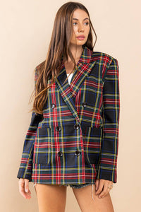 TARTAN PLAID DOUBLE BREASTED BLAZER | Ces Femme