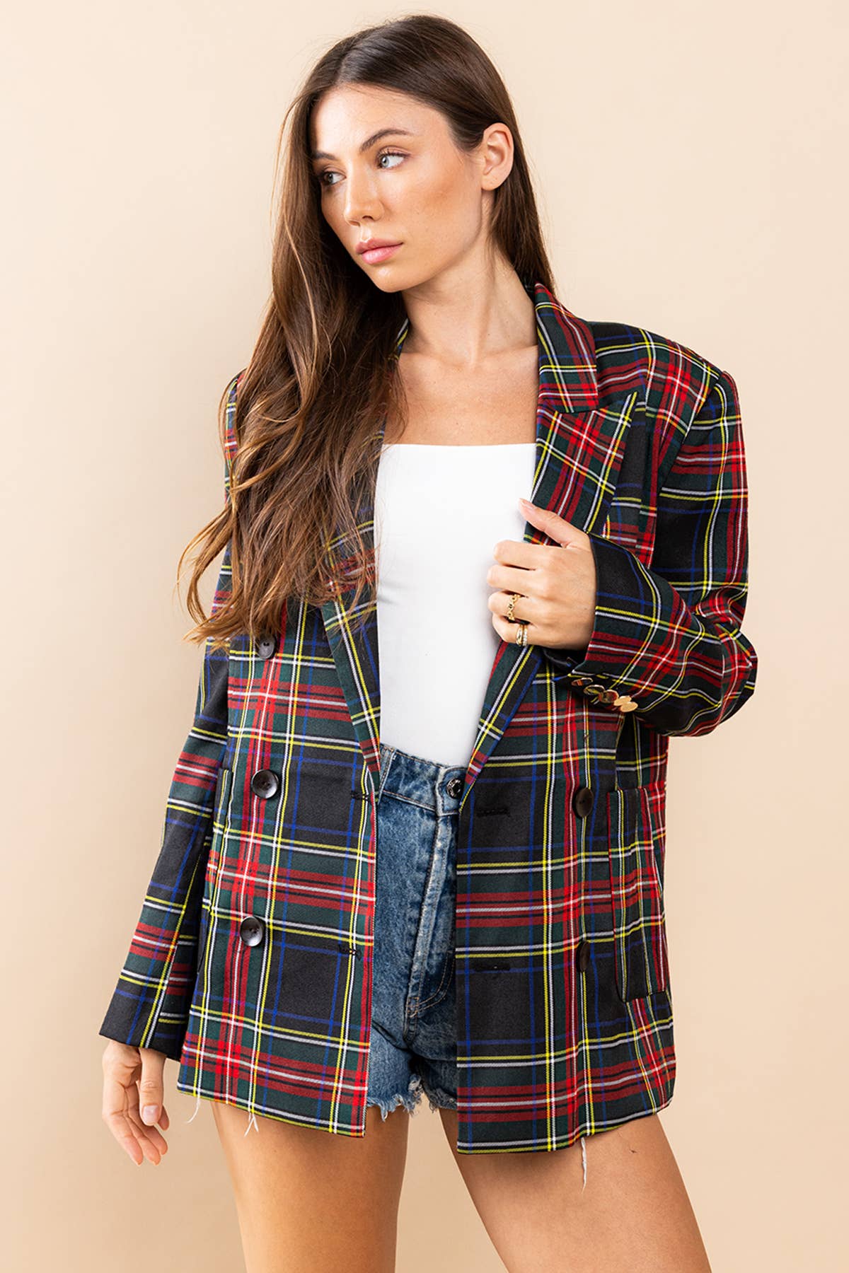 TARTAN PLAID DOUBLE BREASTED BLAZER | Ces Femme