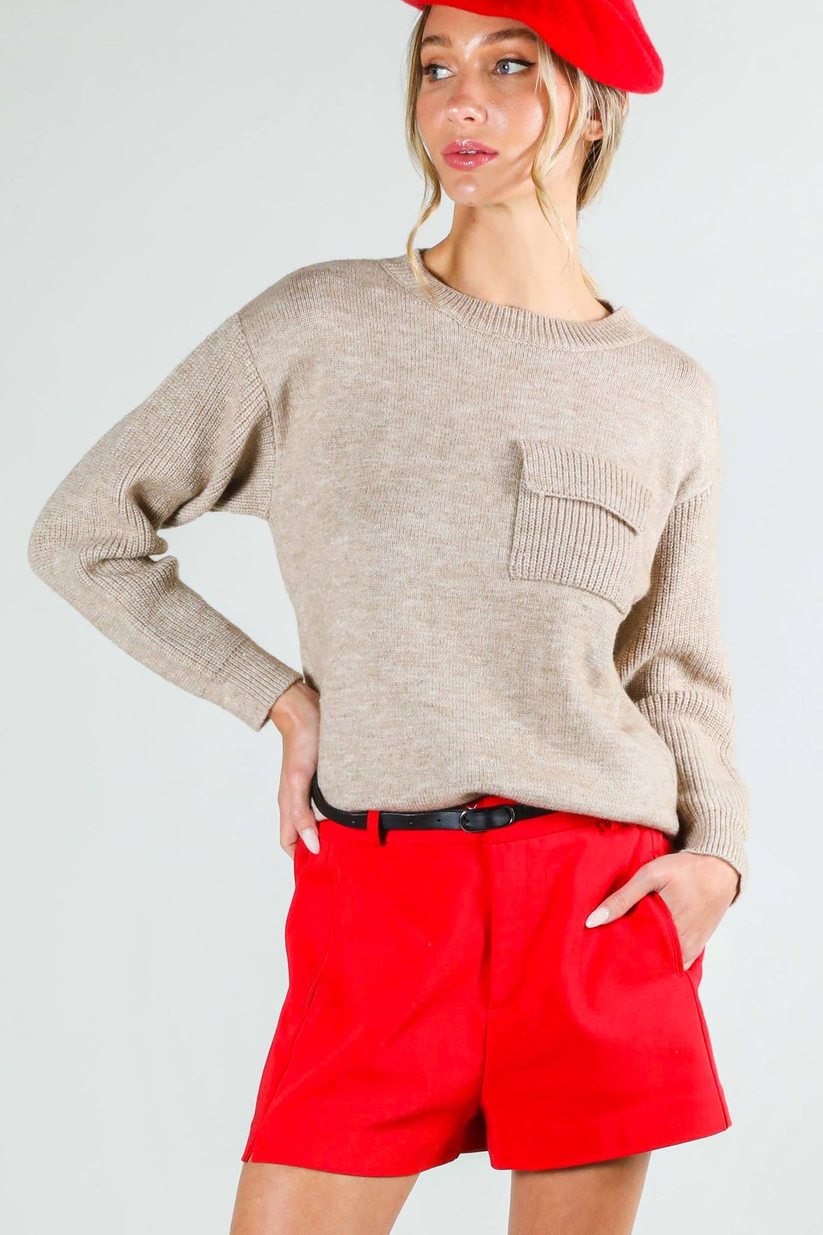 Taupe Chest Patch Pocket Crew Neck Knitted Sweater | Vine & Love