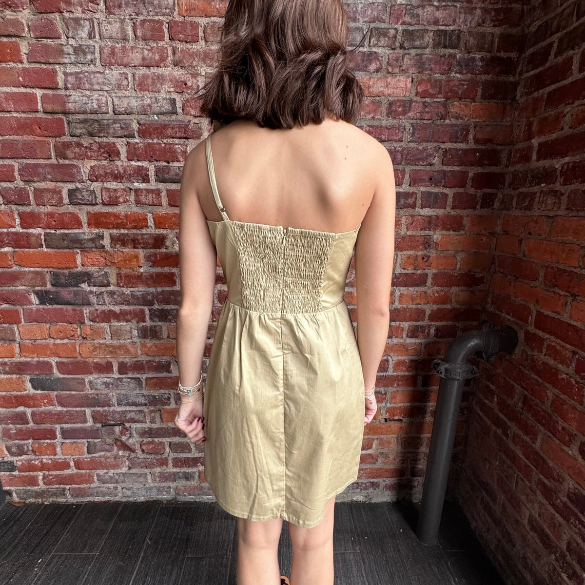 Taupe Knotted Flower Bow Mini Dress | Strut & Bolt
