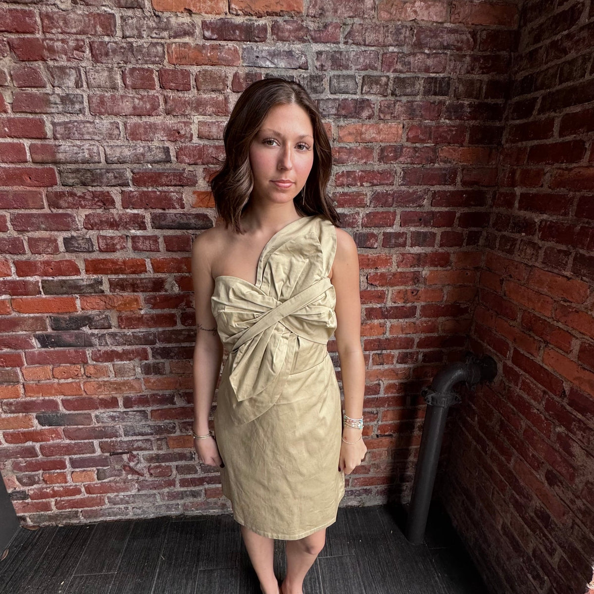 Taupe Knotted Flower Bow Mini Dress | Strut & Bolt