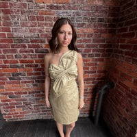 Taupe Knotted Flower Bow Mini Dress | Strut & Bolt