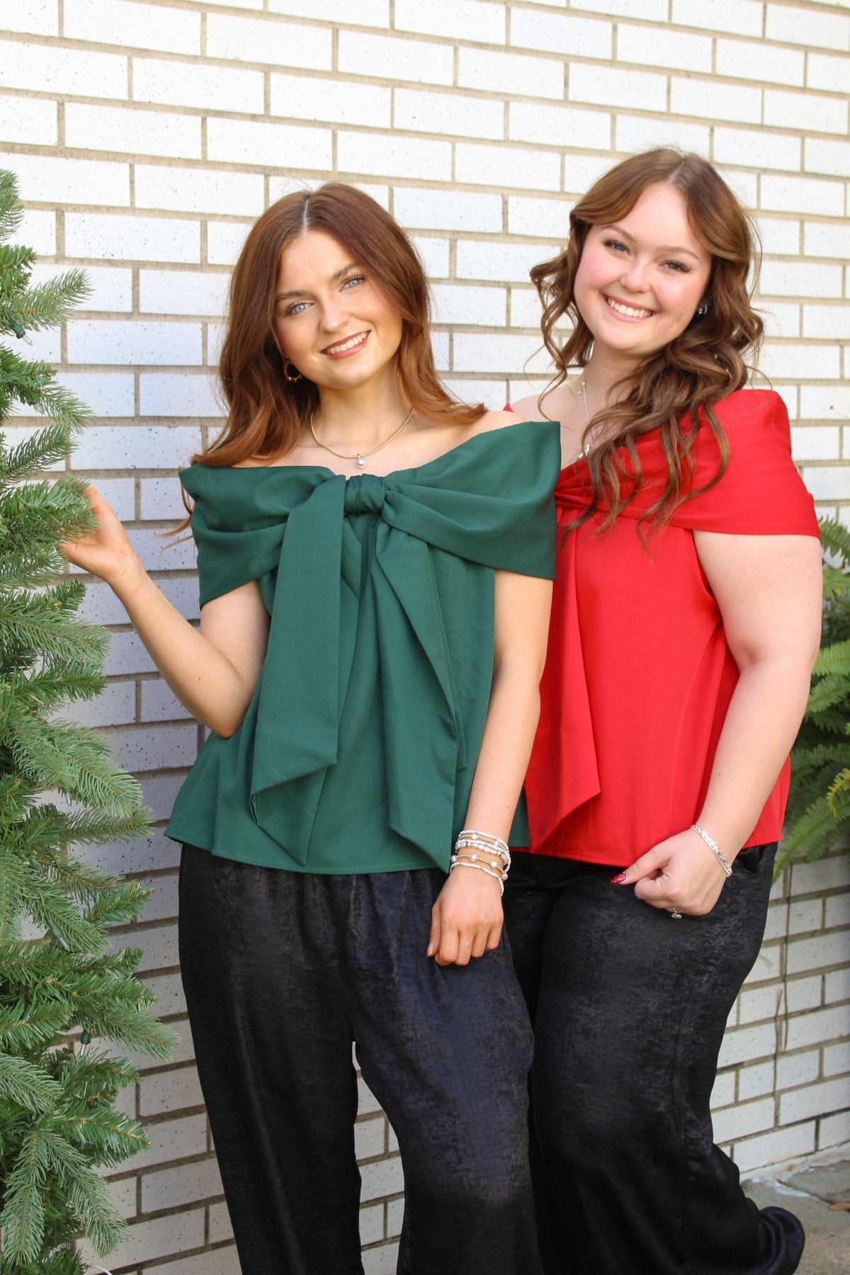 TCEC Hunter Green Bow Accented Off The Shoulder Top | TCEC