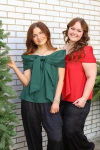 TCEC Hunter Green Bow Accented Off The Shoulder Top | TCEC