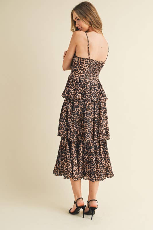 leopard print dress midi Leopard Print Sweetheart Neckline Midi Dress L