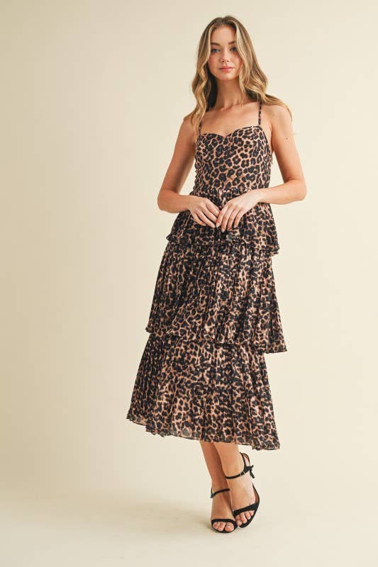 TCEC Leopard Print Sweetheart Neckline Tiered Ruffled Midi Dress Large