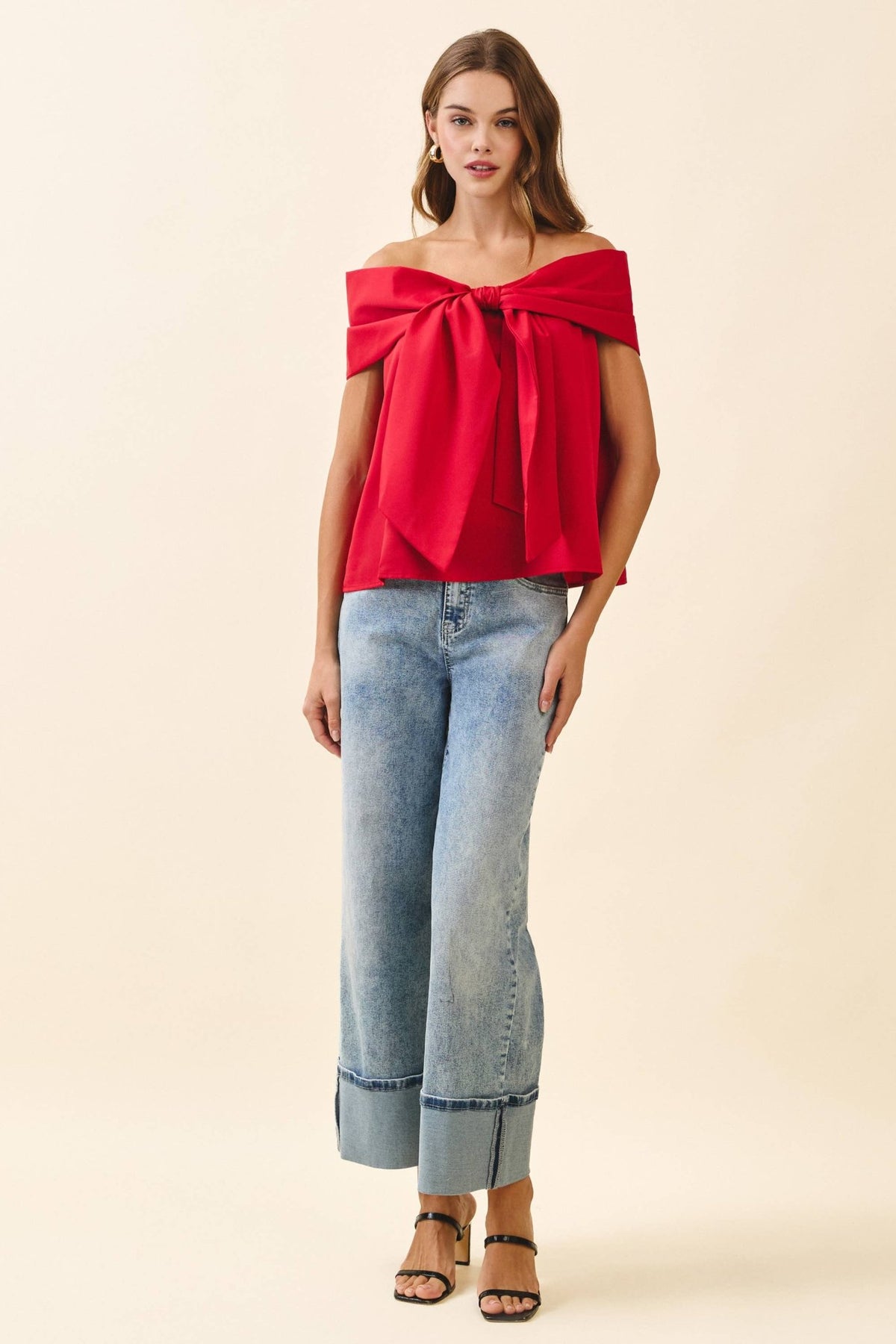 TCEC Red Bow Accented Off The Shoulder Satin Top | TCEC