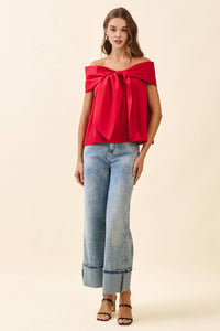 TCEC Red Bow Accented Off The Shoulder Satin Top | TCEC