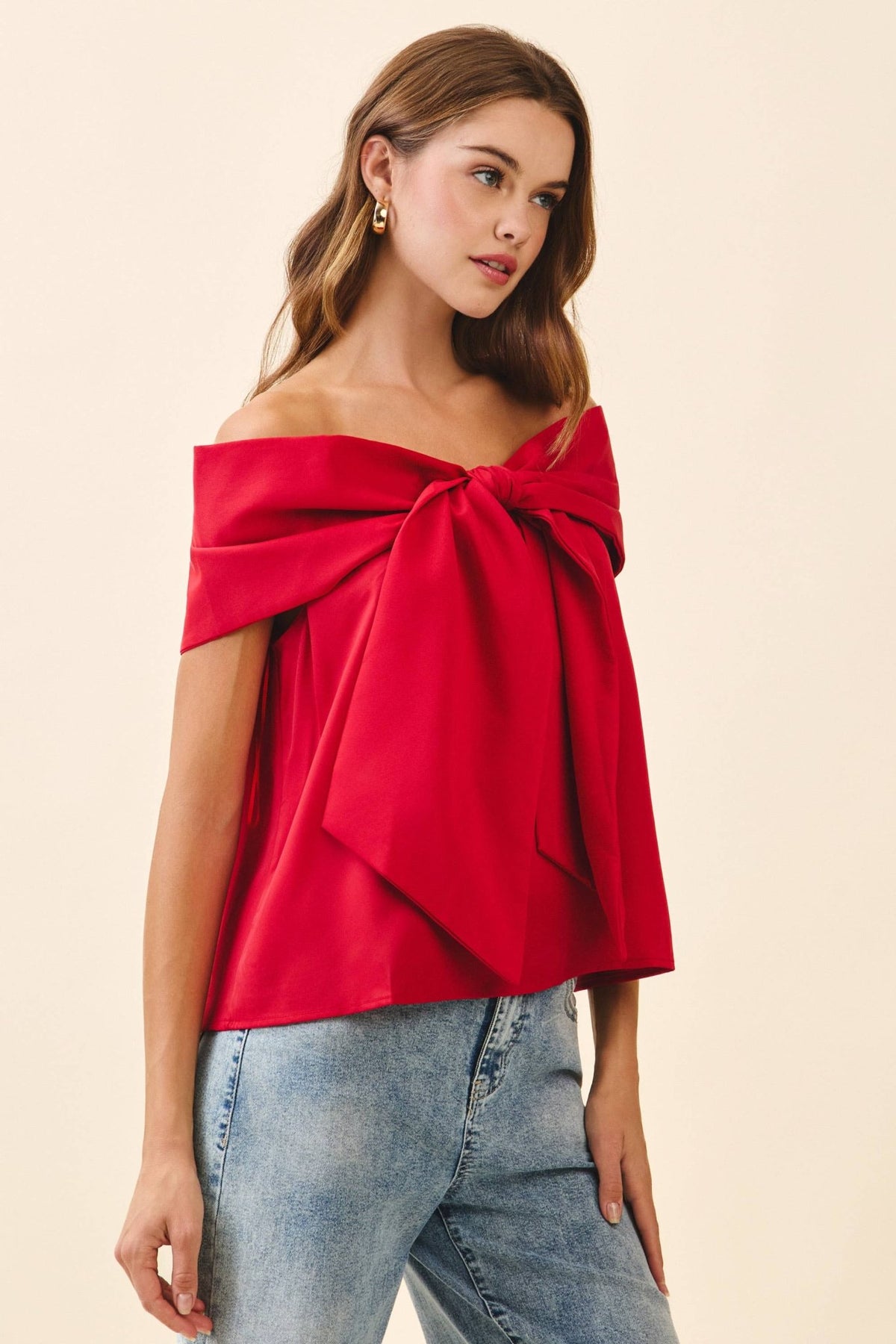 TCEC Red Bow Accented Off The Shoulder Satin Top | TCEC