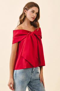 TCEC Red Bow Accented Off The Shoulder Satin Top | TCEC