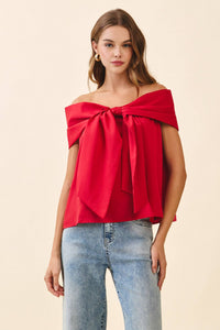 TCEC Red Bow Accented Off The Shoulder Satin Top | TCEC