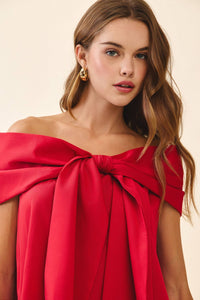 TCEC Red Bow Accented Off The Shoulder Satin Top | TCEC