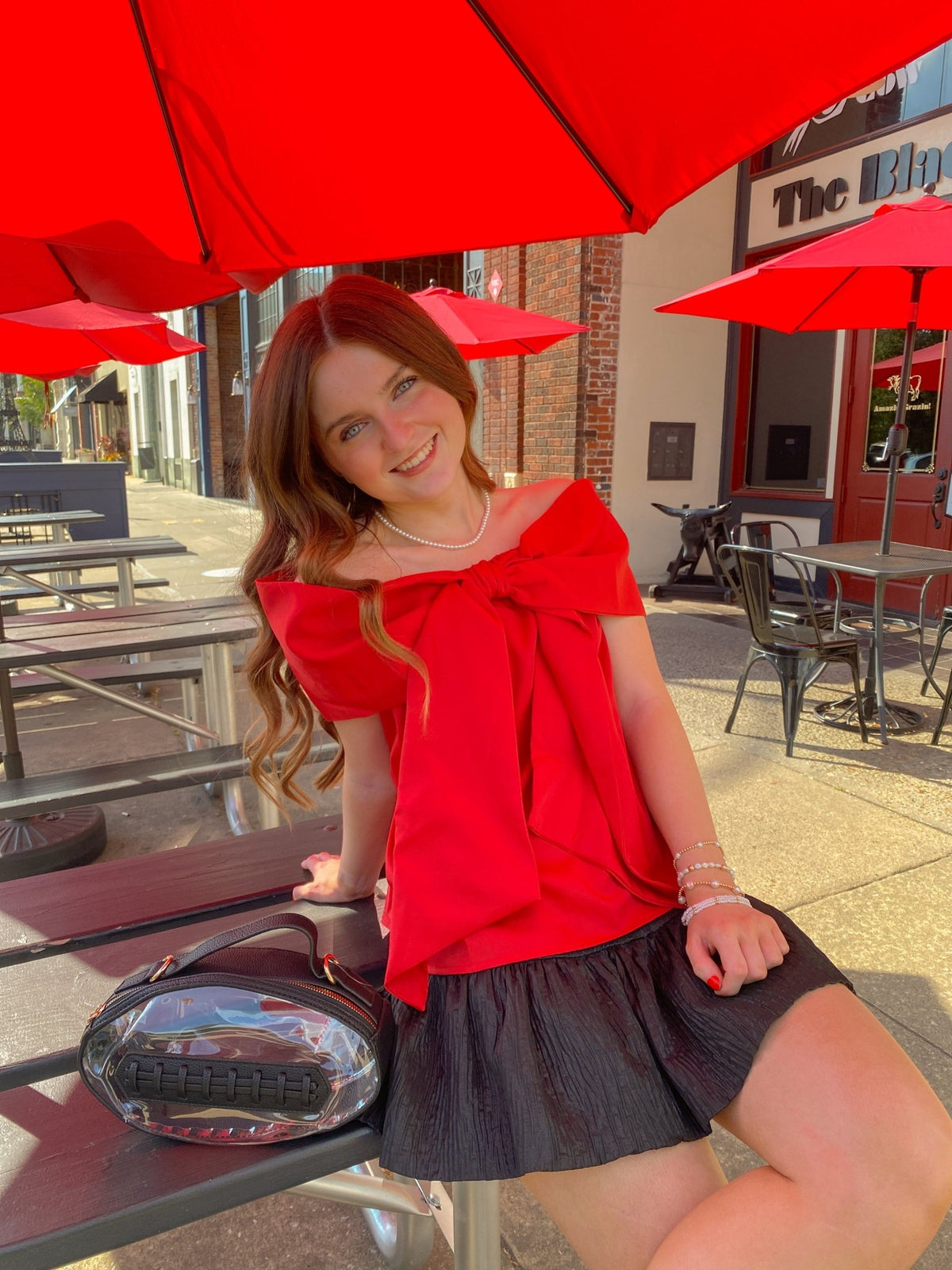 TCEC Red Bow Accented Off The Shoulder Satin Top | TCEC