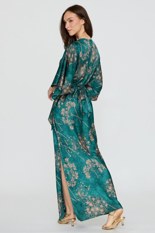 Teal Floral Kimono Sleeve Tie Back Maxi Dress l | Aakaa
