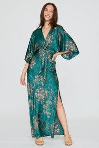 Teal Floral Kimono Sleeve Tie Back Maxi Dress l | Aakaa