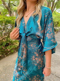 Teal Floral Kimono Sleeve Tie Back Maxi Dress l | Aakaa