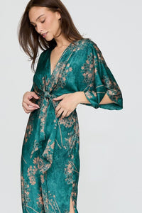 Teal Floral Kimono Sleeve Tie Back Maxi Dress l | Aakaa
