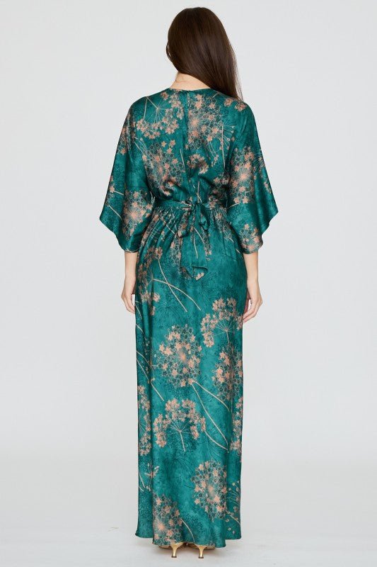 Teal Floral Kimono Sleeve Tie Back Maxi Dress l | Aakaa