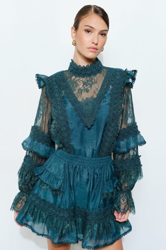 Teal Floral Laced Mini Skirt | INA