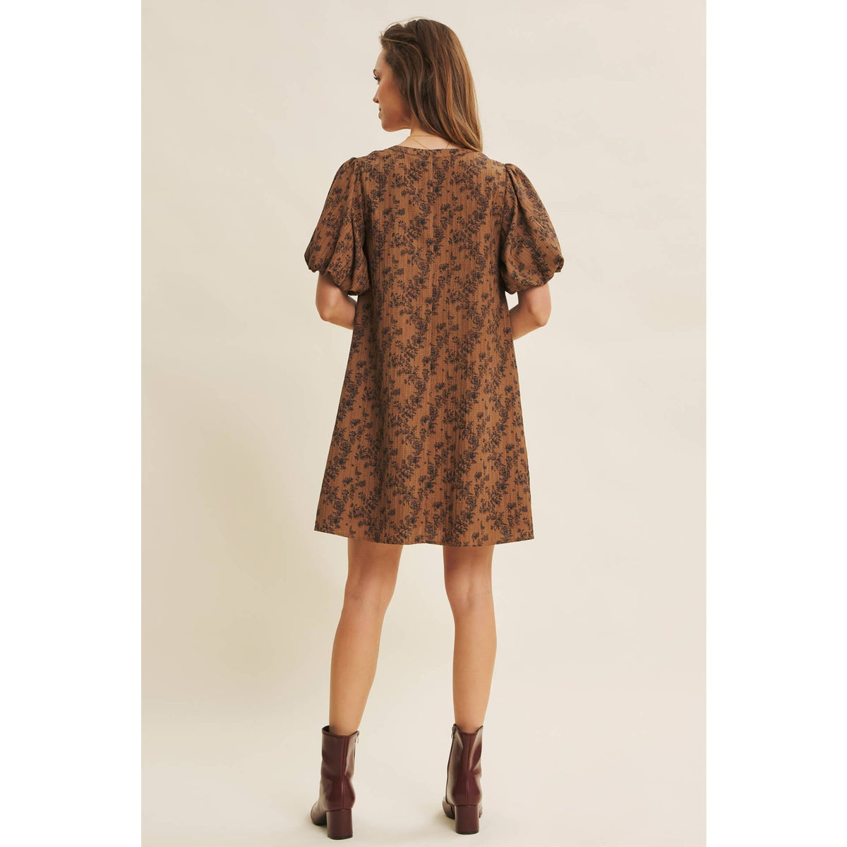 TEXTURED FLORAL MINI A-LINE DRESS WITH BUBBLE SLEEVES | in february