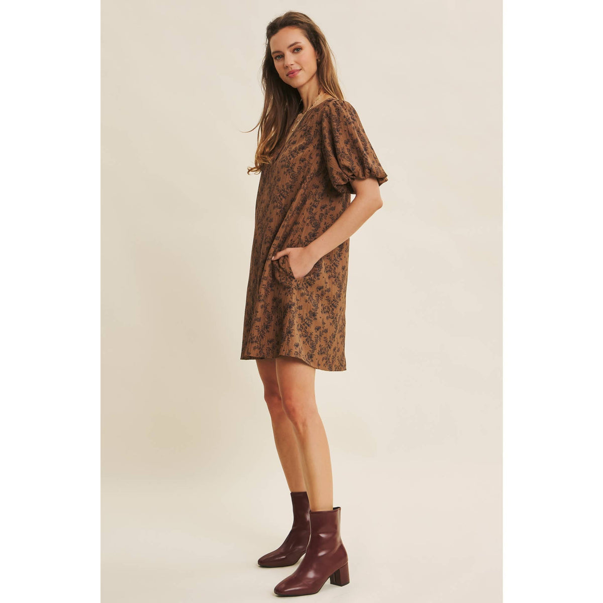 TEXTURED FLORAL MINI A-LINE DRESS WITH BUBBLE SLEEVES | in february