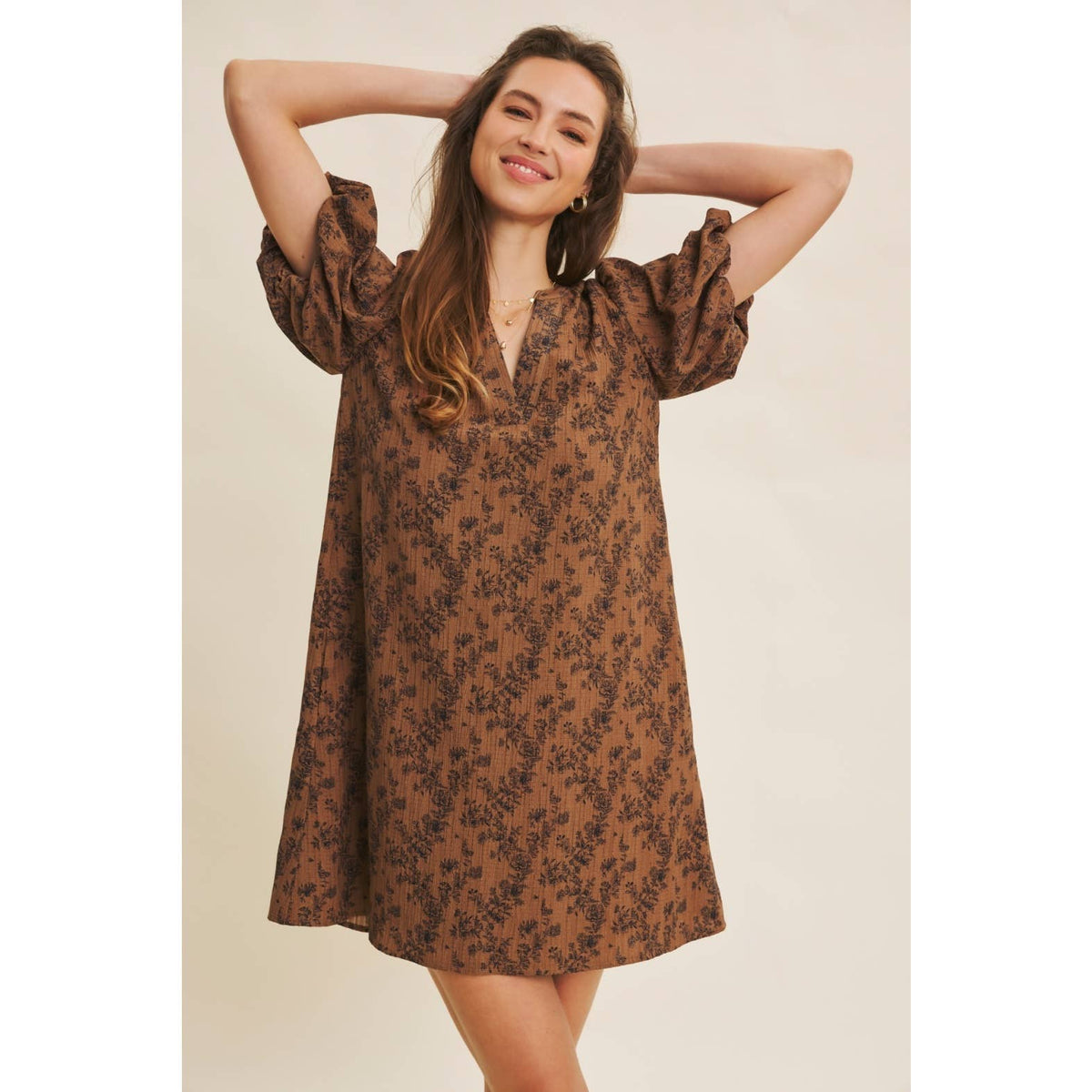 TEXTURED FLORAL MINI A-LINE DRESS WITH BUBBLE SLEEVES | in february