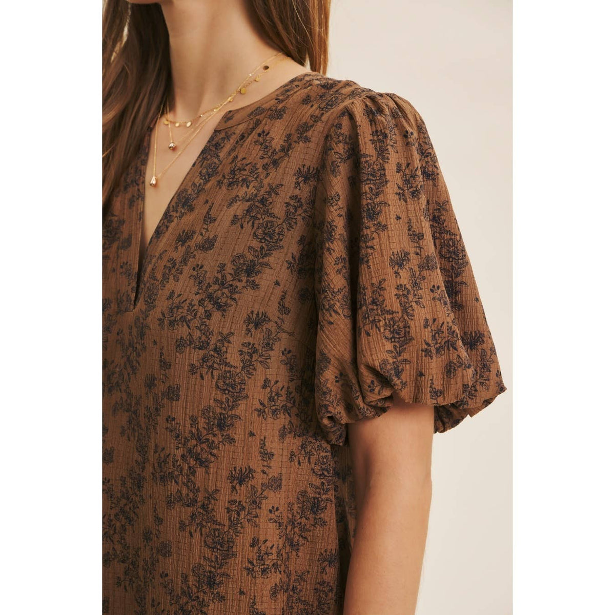 TEXTURED FLORAL MINI A-LINE DRESS WITH BUBBLE SLEEVES | in february