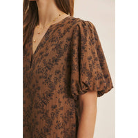 TEXTURED FLORAL MINI A-LINE DRESS WITH BUBBLE SLEEVES | in february