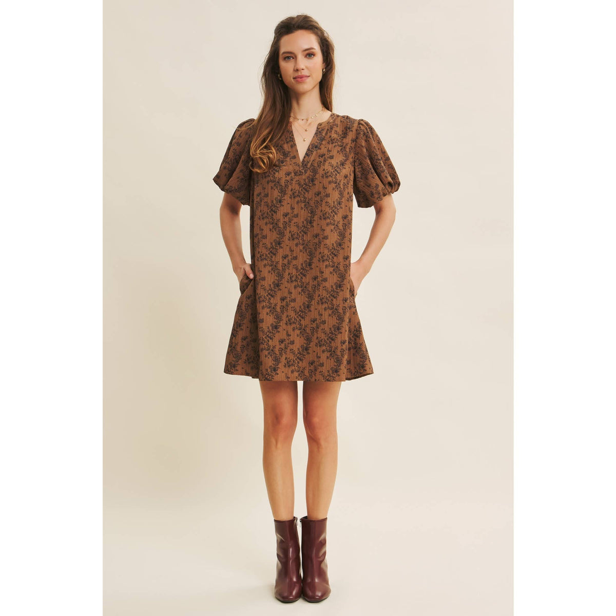 TEXTURED FLORAL MINI A-LINE DRESS WITH BUBBLE SLEEVES | in february