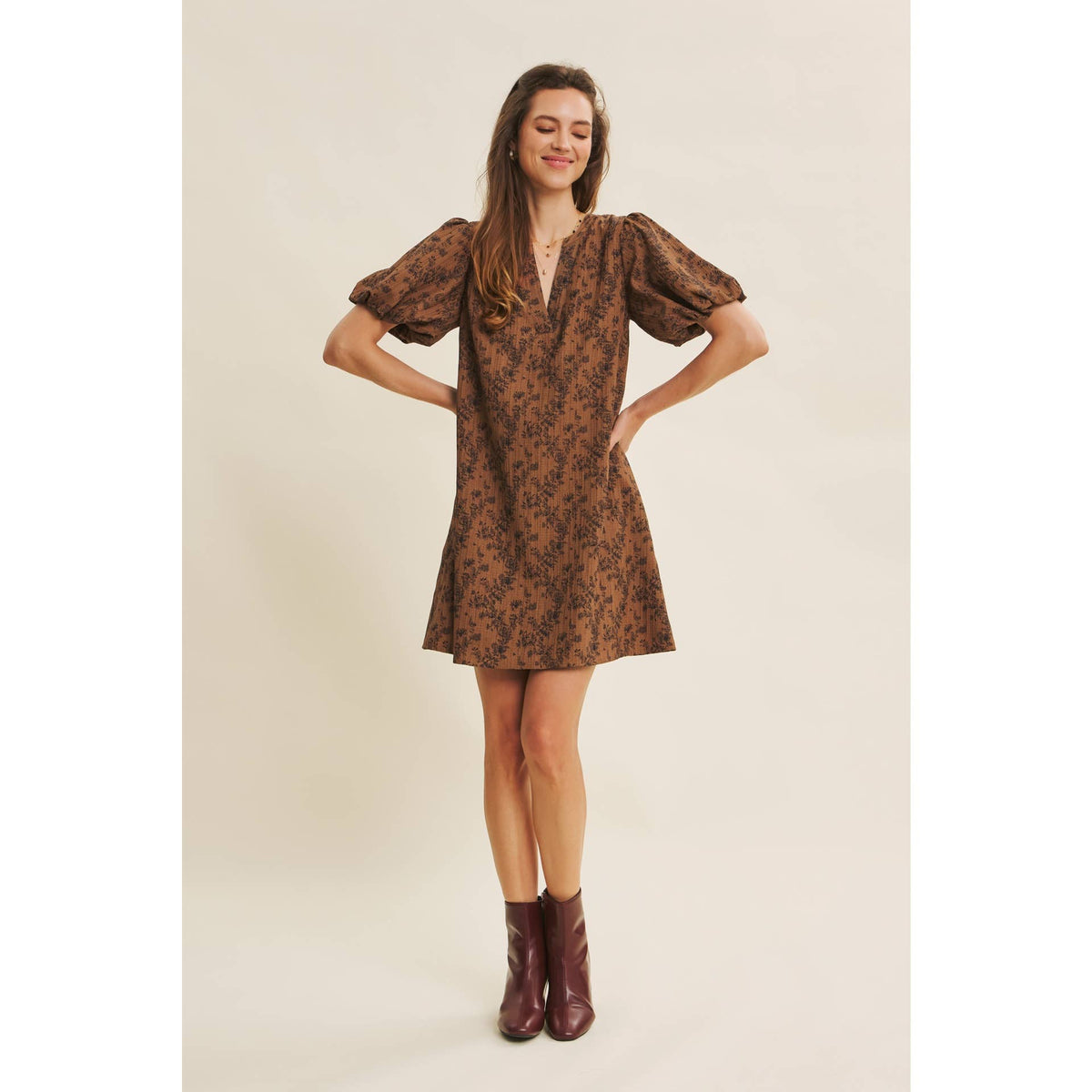 TEXTURED FLORAL MINI A-LINE DRESS WITH BUBBLE SLEEVES | in february
