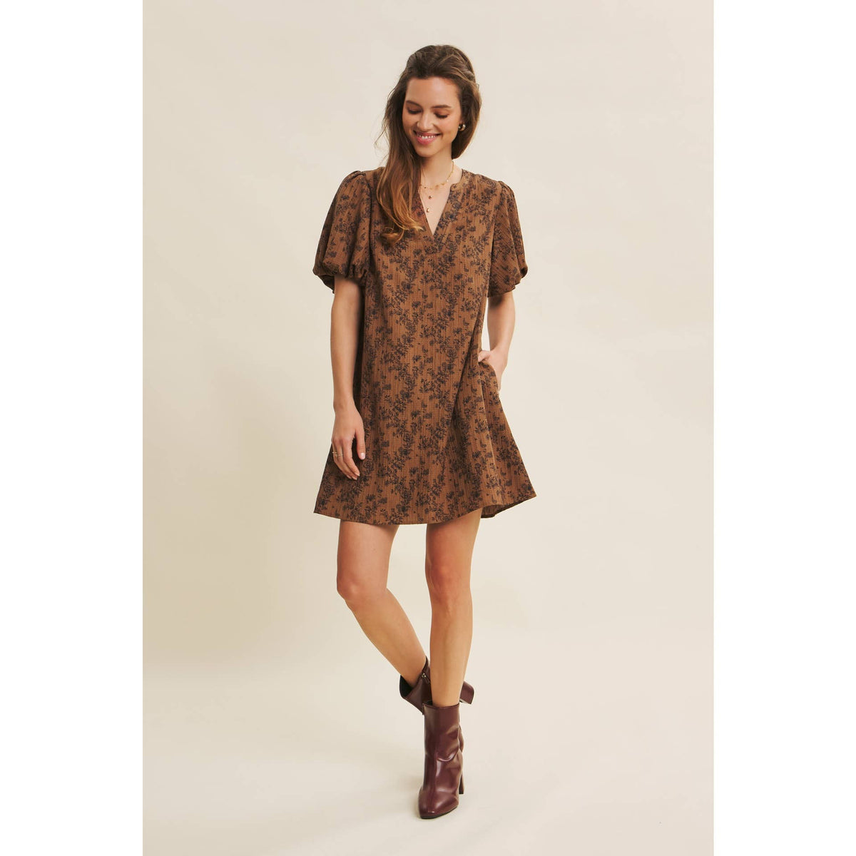 TEXTURED FLORAL MINI A-LINE DRESS WITH BUBBLE SLEEVES | in february