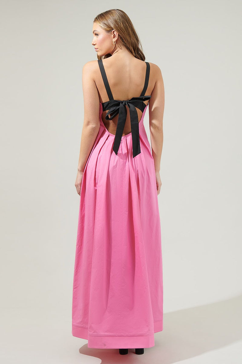 FABIOLA PINK PLEATED MAXI DRESS WITH BACK BLACK BOW/RIBBON-Sugarlips-Sissy Boutique