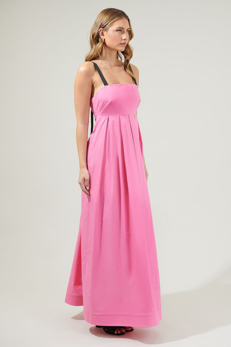 FABIOLA PINK PLEATED MAXI DRESS WITH BACK BLACK BOW/RIBBON-Sugarlips-Sissy Boutique