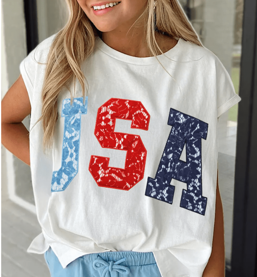USA Laced Graphic Letter Oversized Capped Sleeve Top | K English Collection