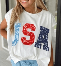 USA Laced Graphic Letter Oversized Capped Sleeve Top | K English Collection