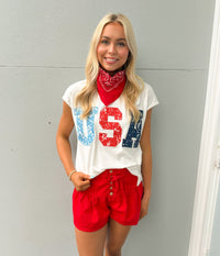 USA Laced Graphic Letter Oversized Capped Sleeve Top | K English Collection
