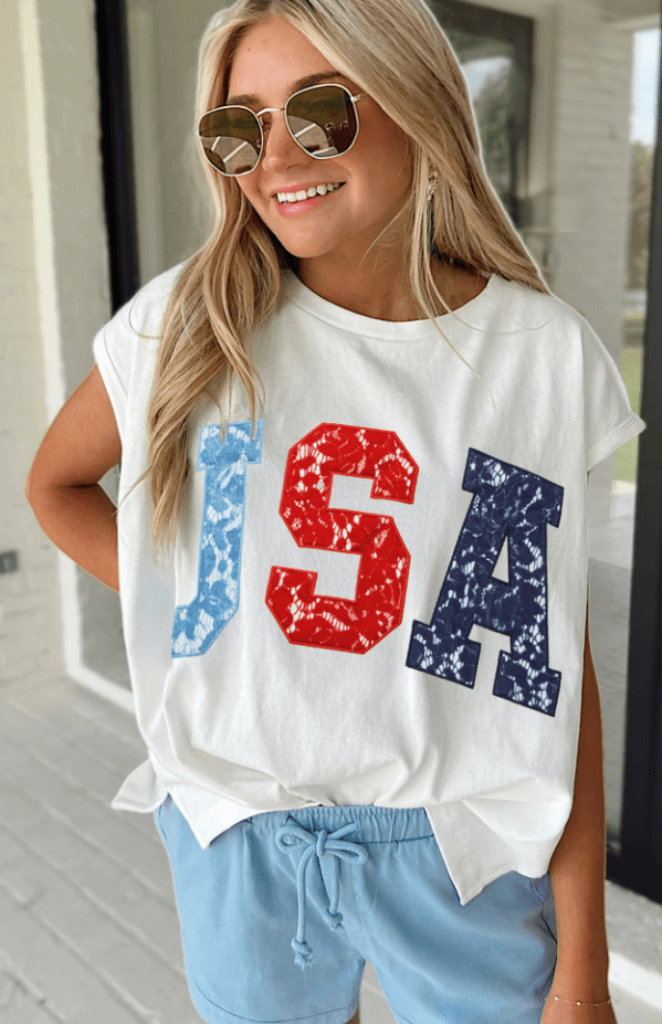 USA Laced Graphic Letter Oversized Capped Sleeve Top | K English Collection