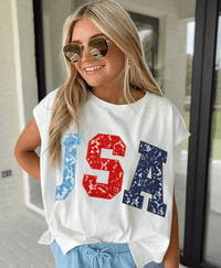 USA Laced Graphic Letter Oversized Capped Sleeve Top | K English Collection